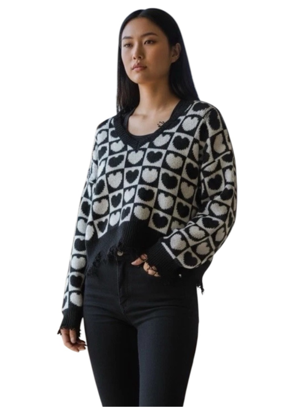 Just Polly Women's Medium Sweater Mini Hearts Black/white V-Neck Distressed